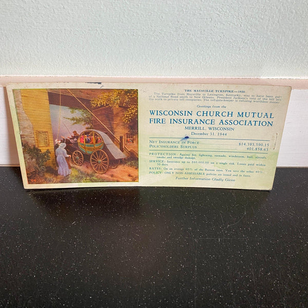 Wisconsin Church Mutual Fire Insurance Association Ink Blotter 1944 Vintage Advertising